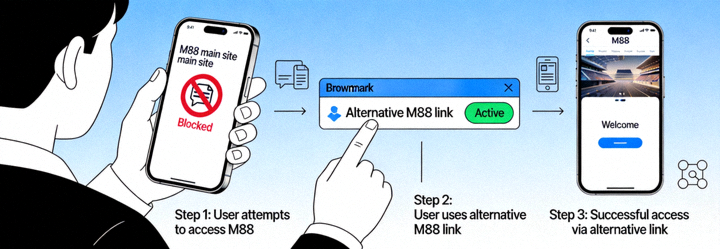 Ilustrasi cara kerja link alternatif M88 untuk mengatasi blokir